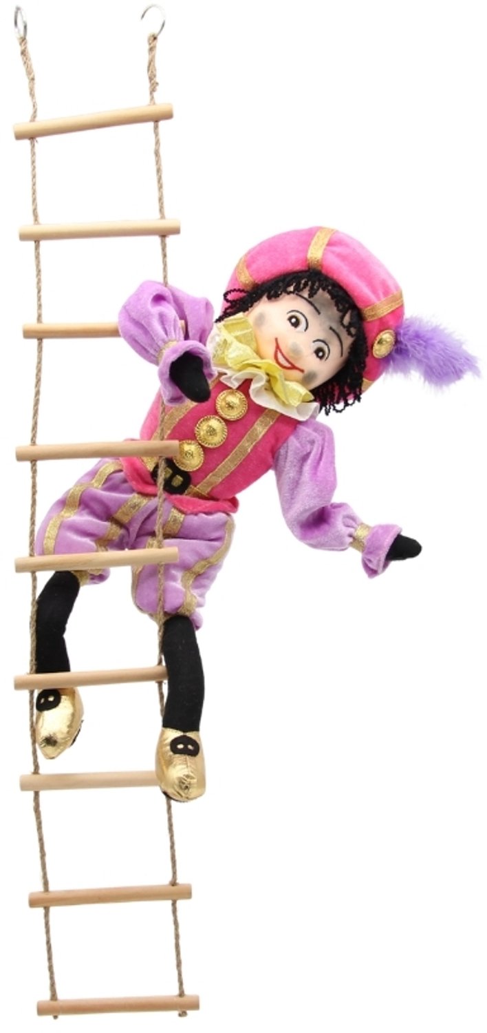 Pietenpop met losse ladder - Sinterklaasdecoratie - 40 cm - lila/roze pietenkostuum - Beekwilder design - handgemaakt