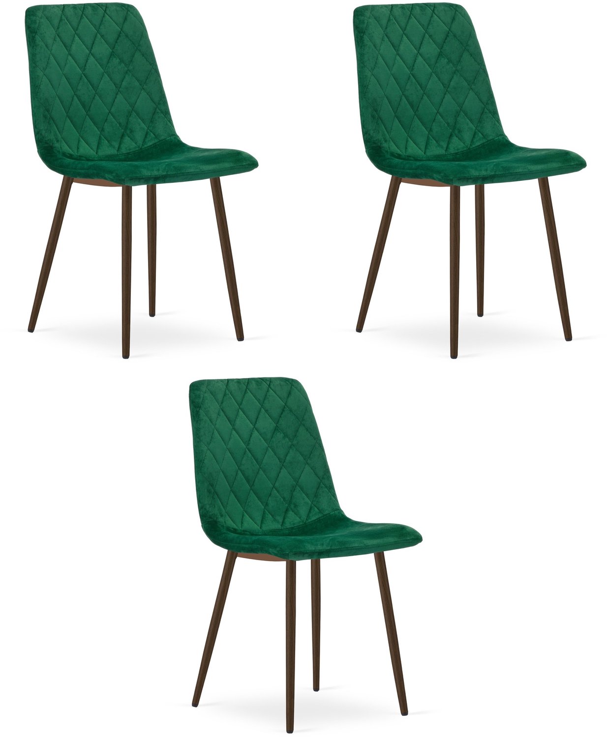 LEOBERT TURIN Eetkamerstoelen – Set van 3 – Groen Velvet – Walnootkleurige Houten Poten – Comfortabele Ergonomische Zitting – Modern Design – Velvet Stoel voor Woonkamer, Keuken en Eetkamer – Max. 110 kg per Stoel