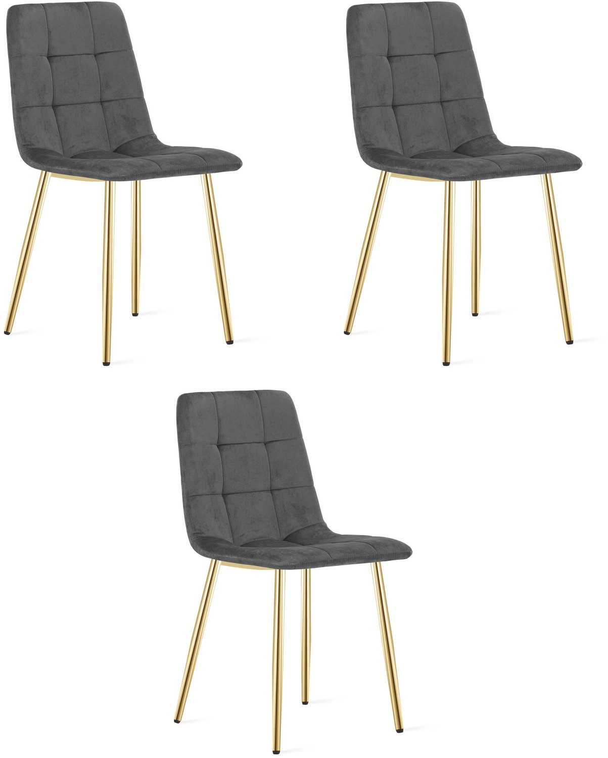 LEOBERT KARA Eetkamerstoelen – Set van 3 – Grijs Velvet – Goudkleurige Metalen Poten – Comfortabele Ergonomische Zitting – Modern Design – Velvet Stoel voor Woonkamer, Keuken en Eetkamer – Max. 110 kg per Stoel
