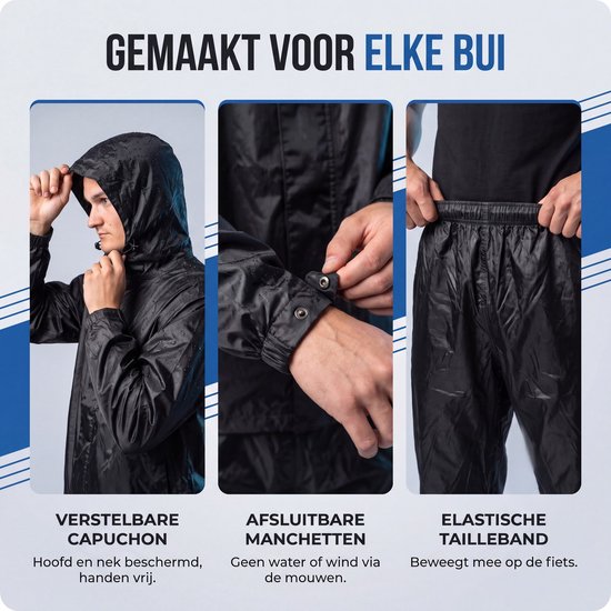 Drie close-ups: verstelbare capuchon, drukknoopmanchetten en elastische tailleband van een zwart regenpak.