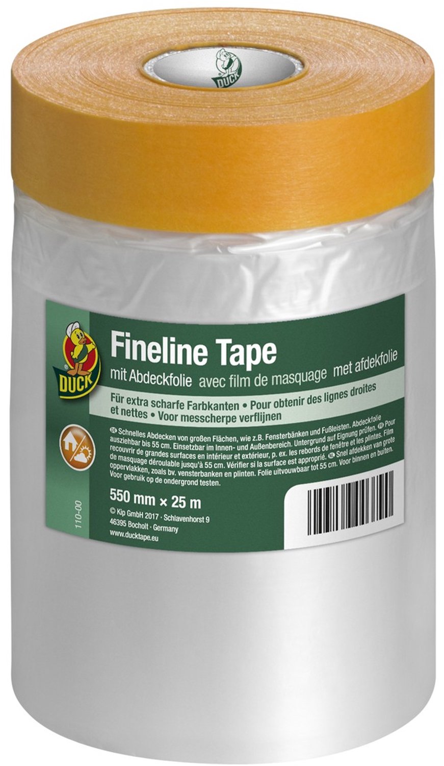 Duck Fineline Tape/Afdekfolie 550 mm x 25 m - 2-in-1: Afplakken en Afdekken in Één Bewerking - Strakke Lijnen voor Plinten en Vloeren - Voor Binnen & Buiten - Kleur Goud/Transparant