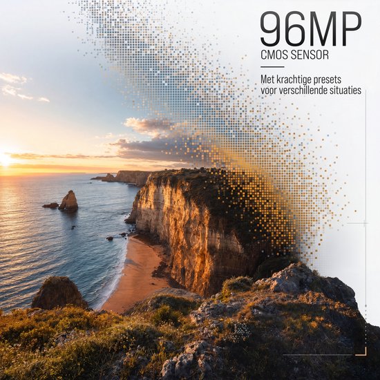 Kustlandschap met zonsondergang, 96MP CMOS-sensor tekst en pixel-effect.