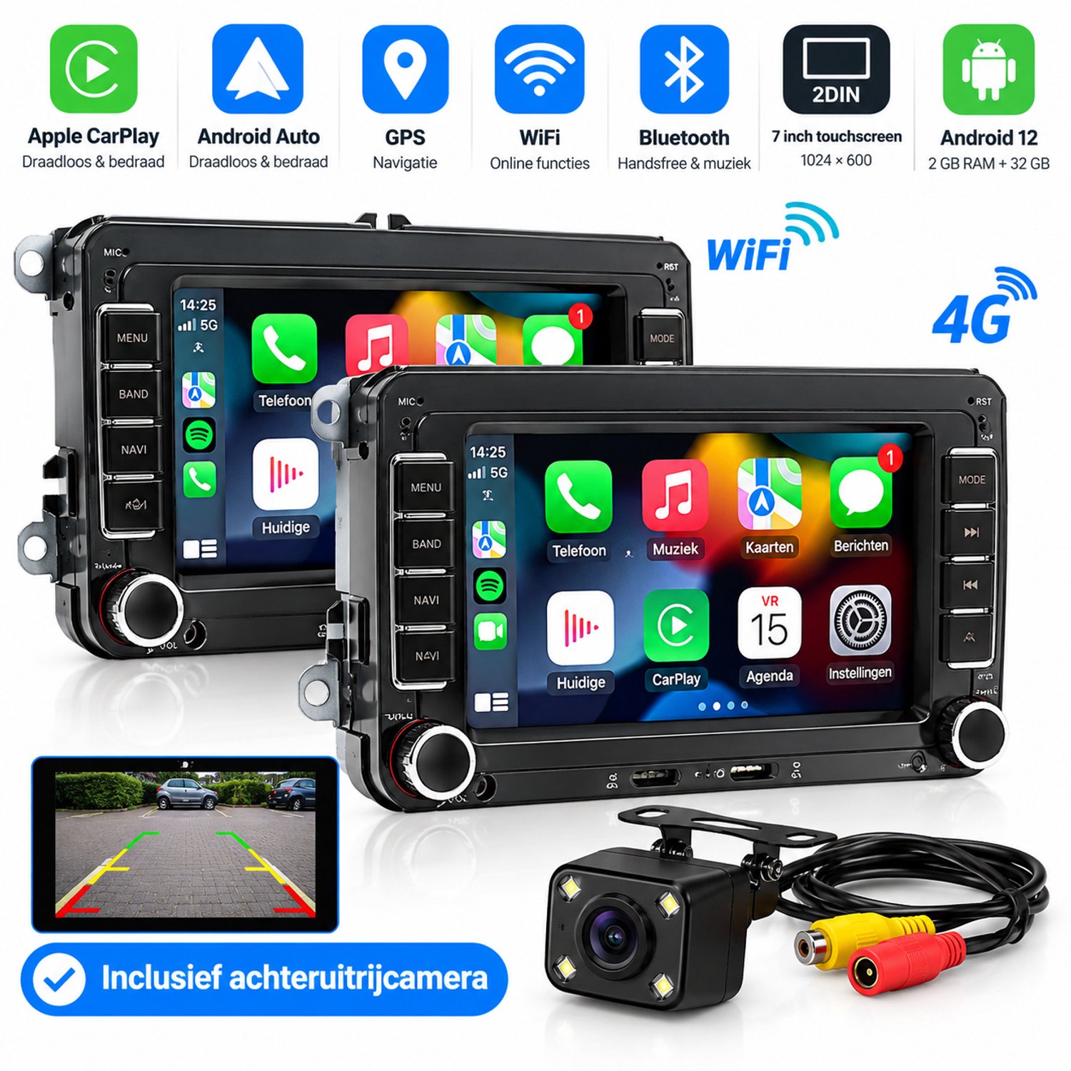 2DIN Android 12 Autoradio met Achteruitrijcamera – VW Seat Skoda – 7 Inch Touchscreen – Draadloos CarPlay & Android Auto – GPS WiFi