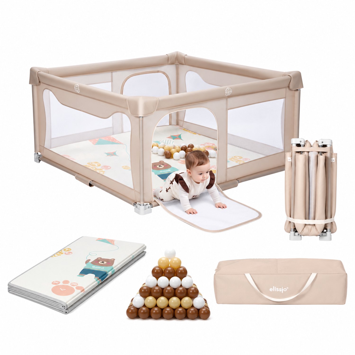 Elissio® - Grondbox Baby - Inklapbare Speelbox met XPE dubbelzijdige Speelmat & 50 Ballen - Kruipbox - Kinderbox - Playpen Baby - 150x150x76.5 CM - Beige