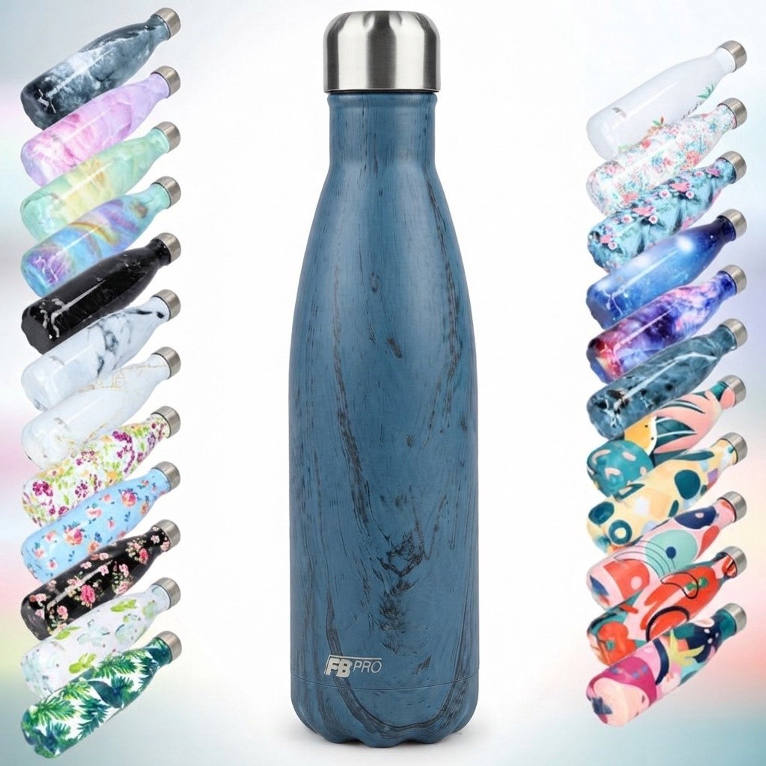 FBFS62, Thermosfles, Drinkfles, Waterfles - Modern & Slank Design - Donkerblauw met zwarte marmerlook - 500ml