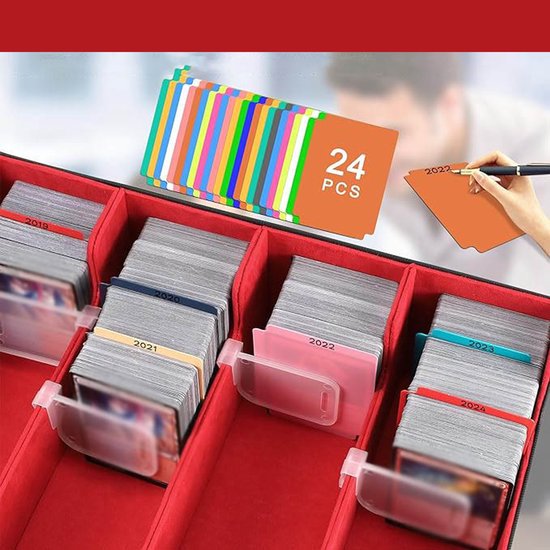 Een detail van een zwarte met rode kaartendoos met kaarten en genummerde verdelers (2019-2024). Een stapel gekleurde kaarten en post-its.