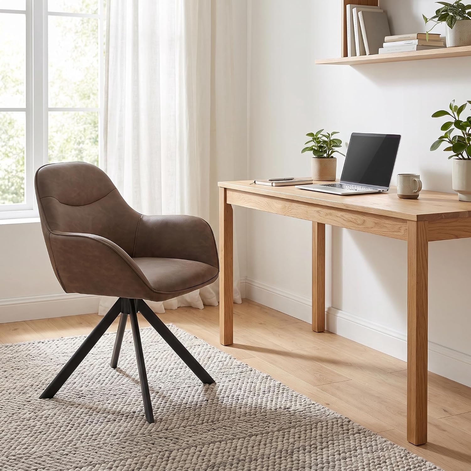 Set van 6 Draaibare Eetkamerstoelen met Armleuningen – 360° Swivel Stoelen van Kunstleer met Zachte Bekleding, Metalen Poten, Ergonomische Rugleuning, Donkerbruin, 59 × 63 × 81 cm