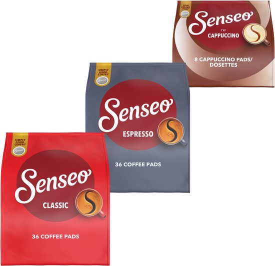 Drie Senseo-koffiezakken in rood (Classic), grijs (Espresso) en bruin (Cappuccino) met koffiekop-illustraties.