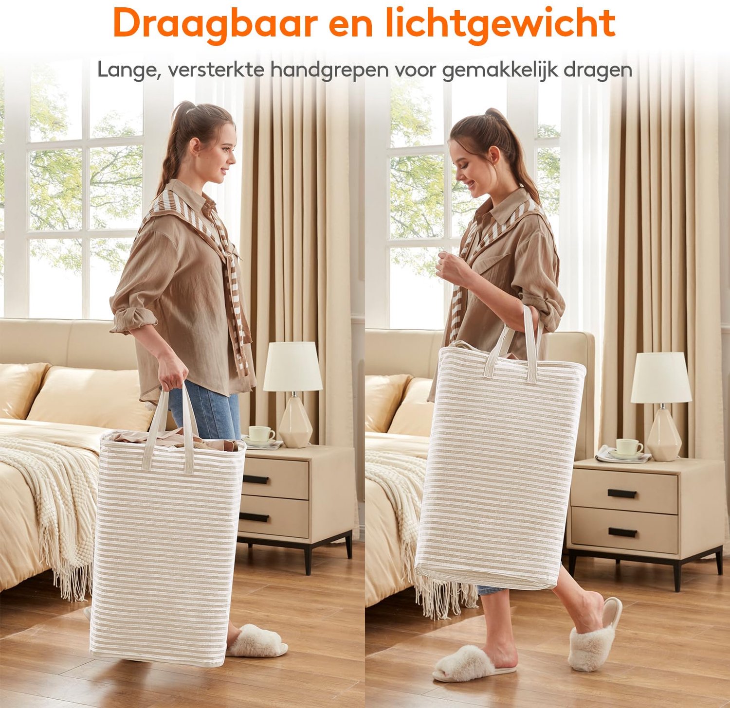 Wasmand 80 Liter - Opvouwbare Wasmand - Waterafstotend - Met Lange Handgrepen - Voor Vuile Was - Blauw Beige
