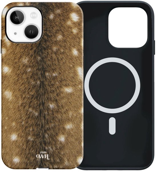 iPhone MagSafe hoesje met bruine hertenbontprint en witte vlekken, inclusief logo xoxo GWH.