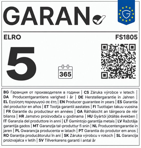 ELRO FS1805 garantie-label met het cijfer 5, een 365-dagen kalendericoon, QR-code en meertalige producttekst.