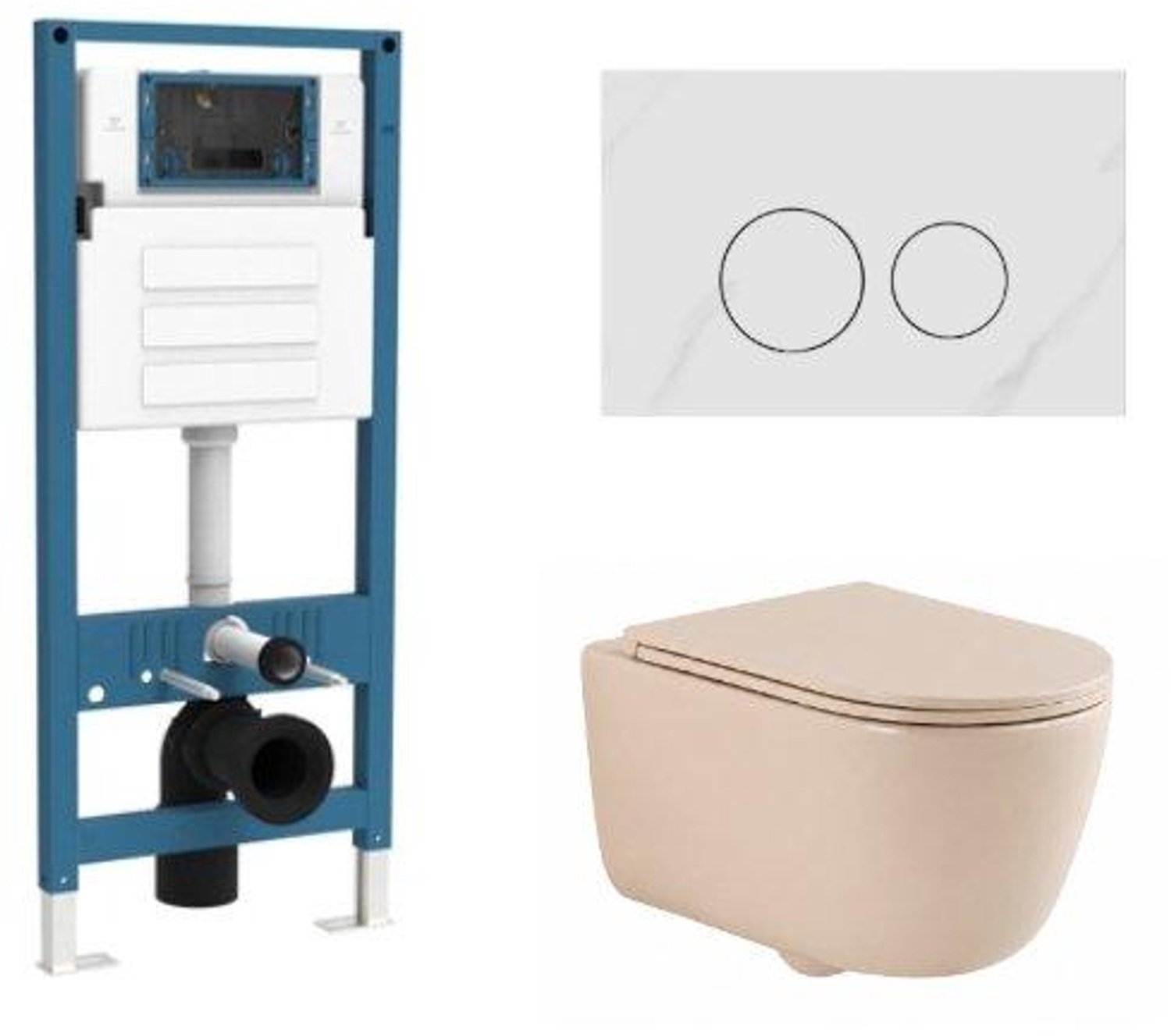 QeramiQ Dely Swirl Toiletset - inbouwreservoir Qeramiq Flush - slim zitting - natuursteen wit marmeren bedieningsplaat - ronde knoppen - beige