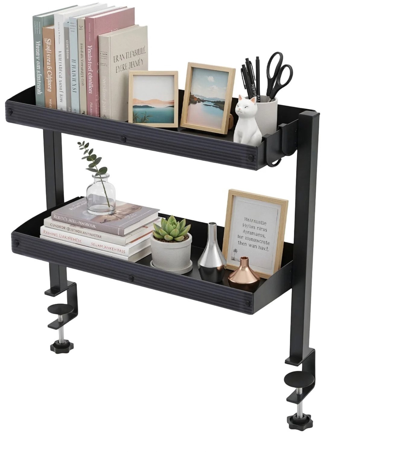 Noventra Bureau Organizer – Bureau Plank met 2 Niveaus – Bureau Opbergrek – Bureau Rek met Haken – Bureaublad Organizer – Ruimtebesparend Opbergrek – Zwart
