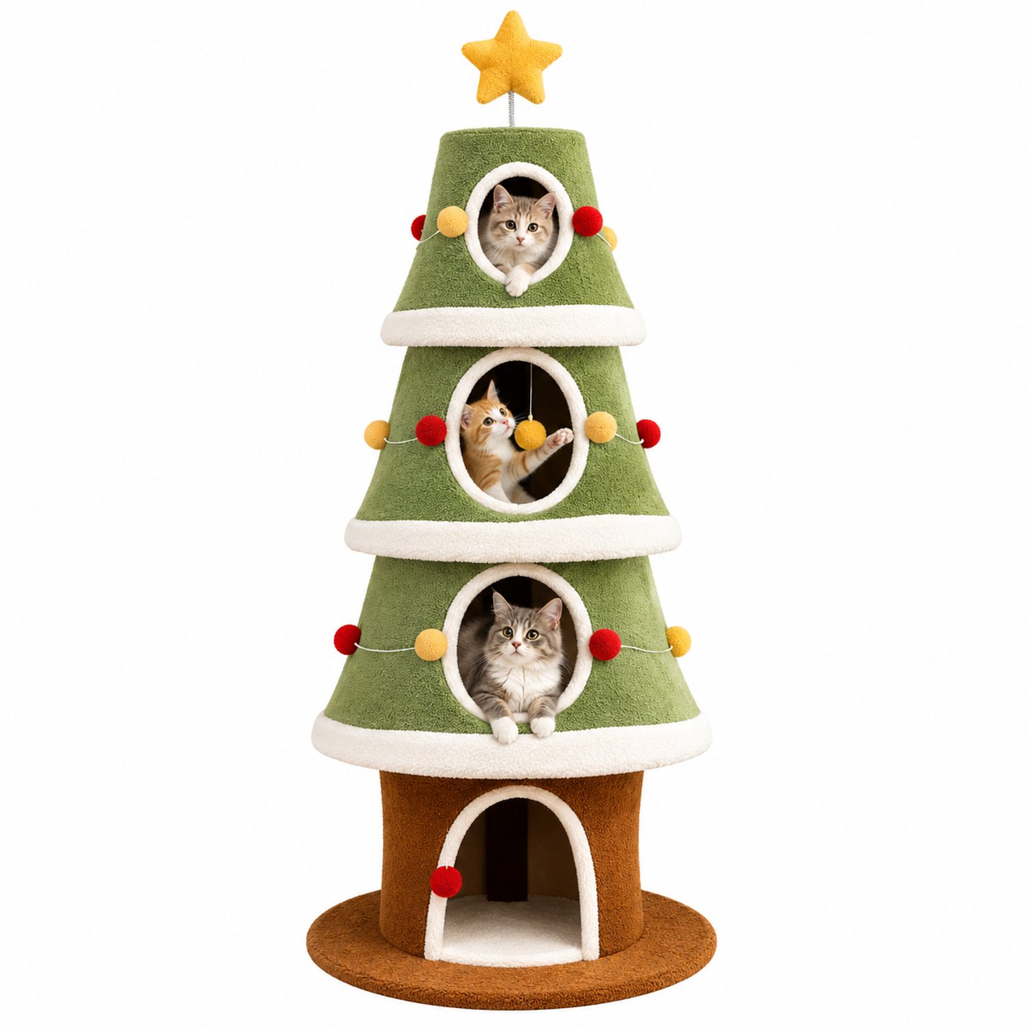 VILIMA - Katten krabpaal - Krabpaal - Kattenhuisjes - Kerstboom - Kerstmis - 155 cm hoog - 4 comfortabele huisjes - Stevig