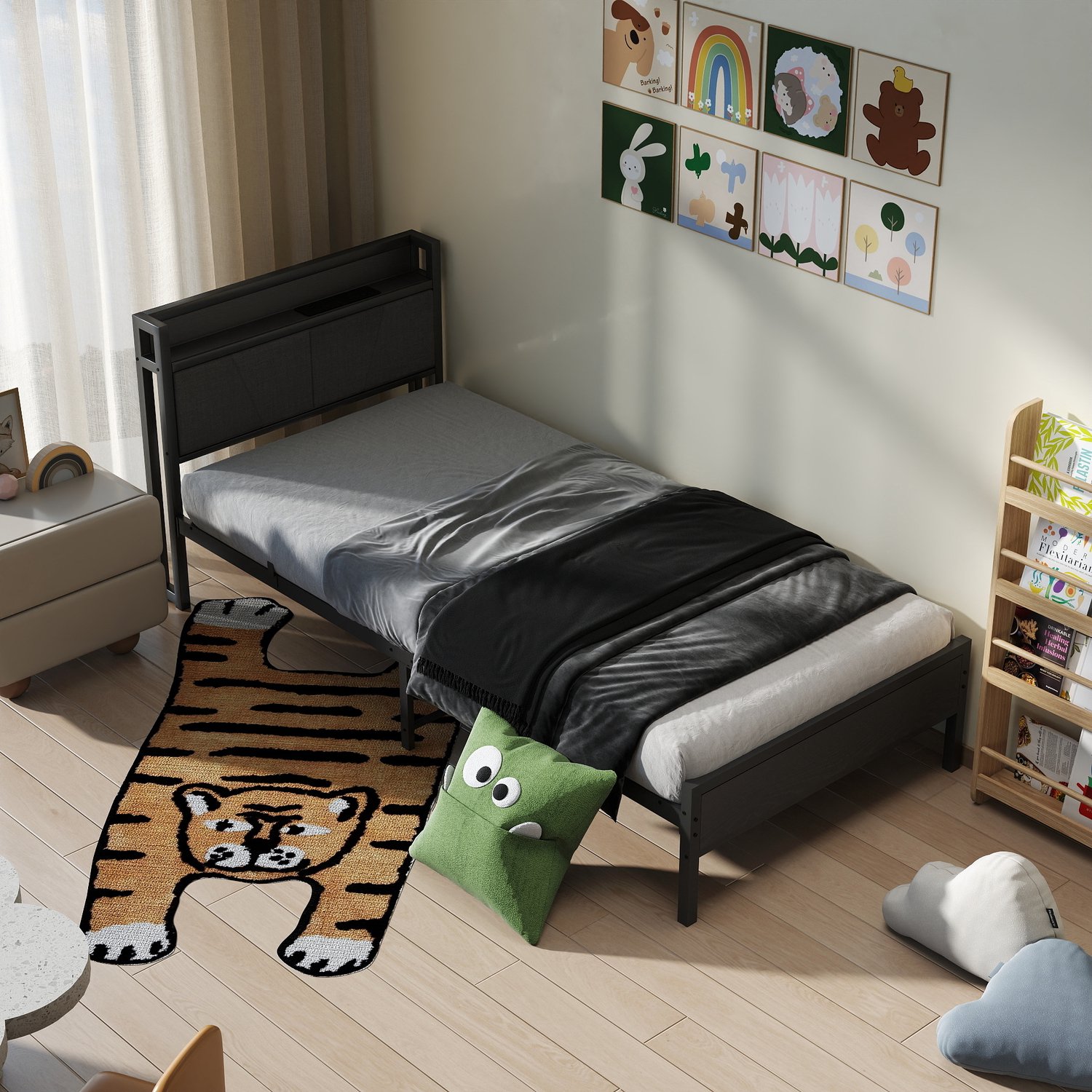 Maisentiel Metalen bed met opberg-hoofdbord 90x200 cm - metaal en MDF - zwart