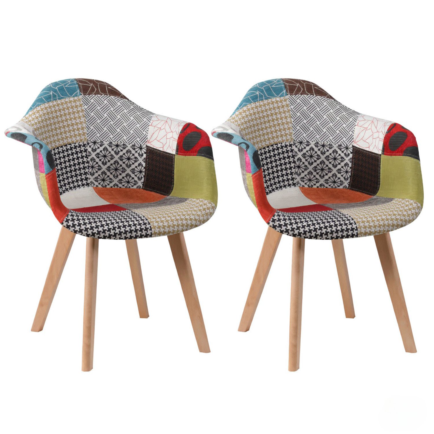 SONNENH Eetkamerstoelen set van 2 - Rood meerkleurig patchwork - Armleuningen - Houten poten Rood met meerkleurig patchwork en houtkleurige poten