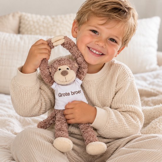 Knuffel Aap met Geborduurd Shirt “ Grote Broer ” – Zwangerschap Aankondiging – Cadeau Grote Broer – Knuffel met Tekst – Baby Aankondiging – Origineel Cadeau Grote Broer — afbeelding 2