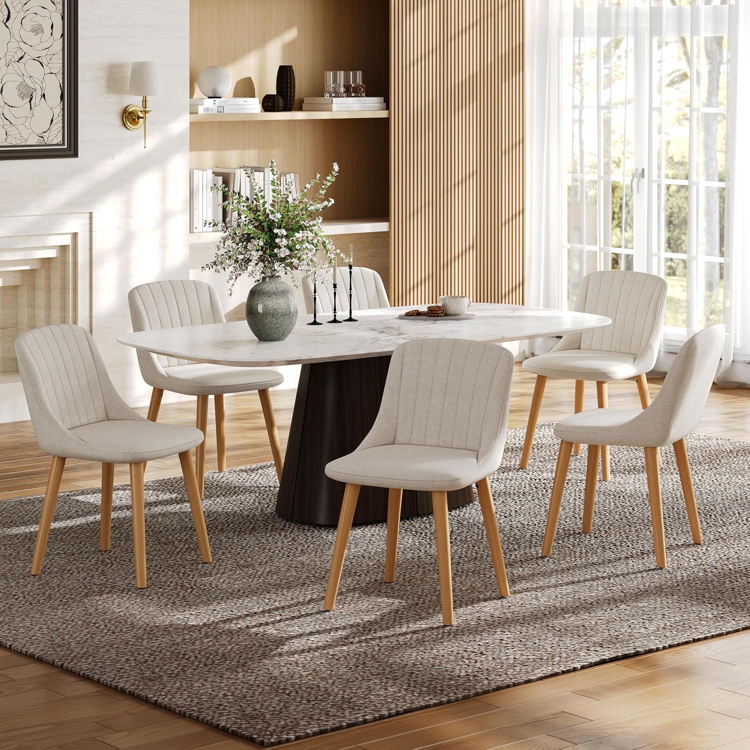 Luxe Comfort Beige Eetkamerstoelen Set van 4 – Ergonomische Eetkamerstoelen met Zachte Polyester Bekleding, Gebogen Rugleuning en Massief Houten Poten – Keukenstoelen, Woonkamerstoelen & Vergaderstoelen