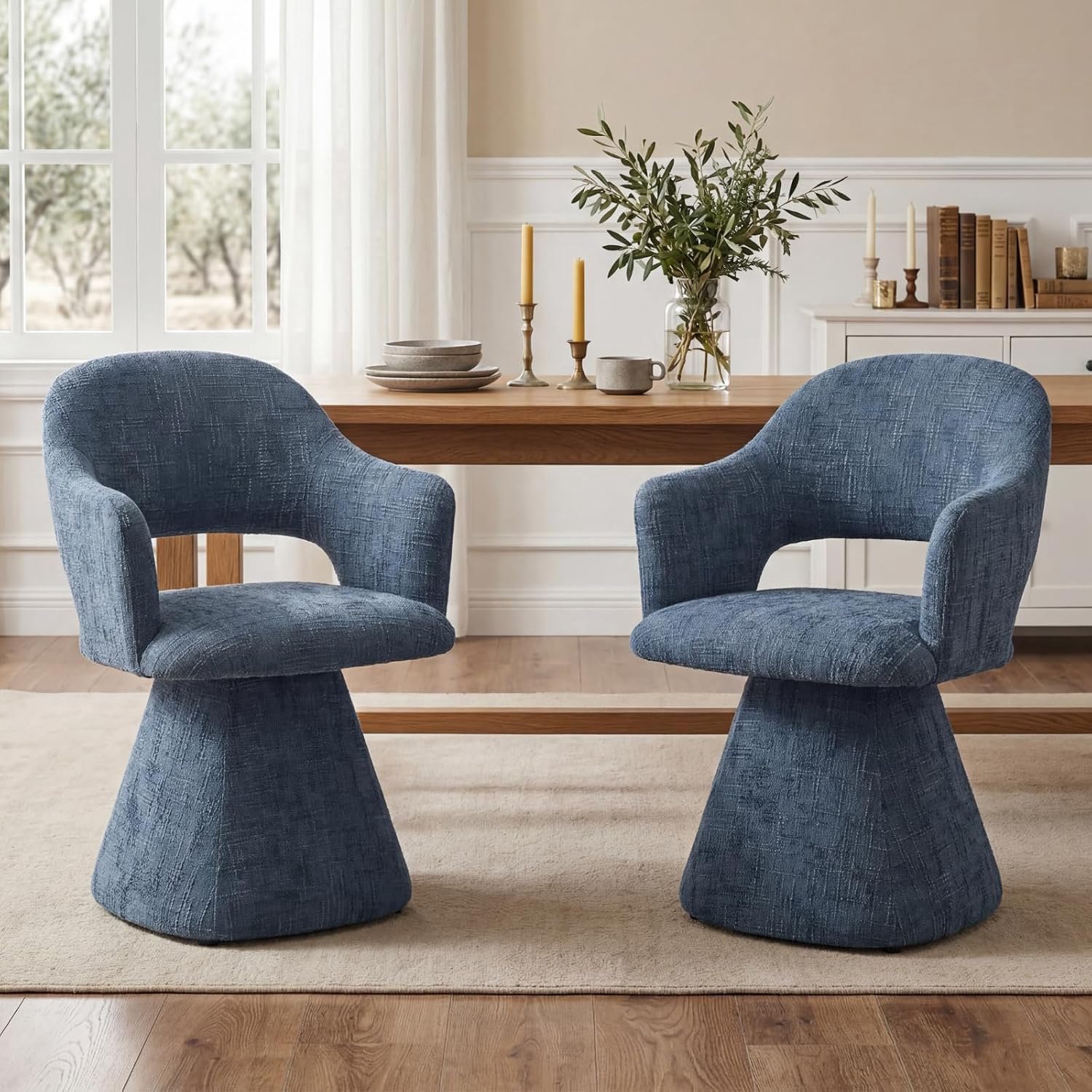 Retro Draaibare Eetkamerstoel met Armleuningen Set van 4 – Chenille Bekleding – Blauwe Eetkamerstoelen – 360° Swivel