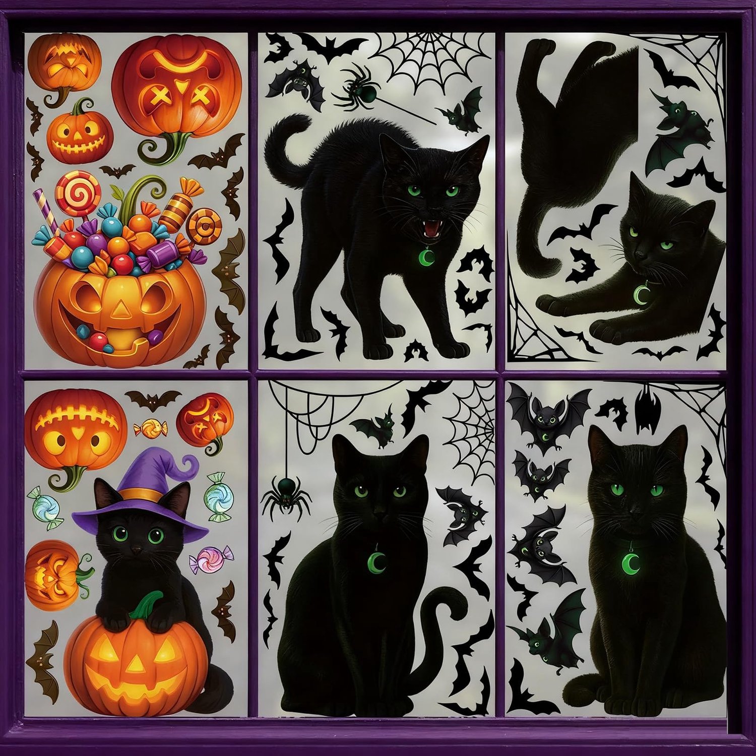 Halloween Raamstickers Set – 71-Delige Dubbelzijdige Statische PVC Stickers op 6 Vellen met Pompoen en Zwarte Kat – Herbruikbare Griezeldecoratie