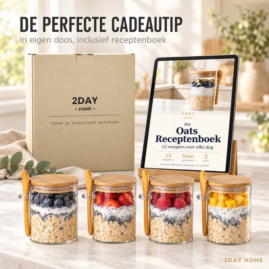 2DayHome Overnight Oats Potjes Glas - Set van 4 met Bamboe Deksel en Lepel - 500 ml - Luchtdicht - Muesli Beker - Yoghurtbeker - Lunchpot - Havermout Ontbijtpotjes - Meal Prep Glazen Voorraadpotten met Deksel - Incl. Receptenboek — cadeau in Kookcadeaus - foto 2