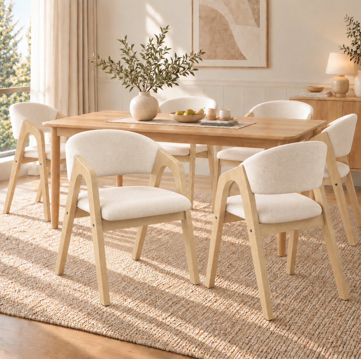 MODENUIT Eetkamerstoelen - Set van 4 met Armleuningen - Eetkamer - Hout en Beige Stof - 55,5x60x83 cm Naturel