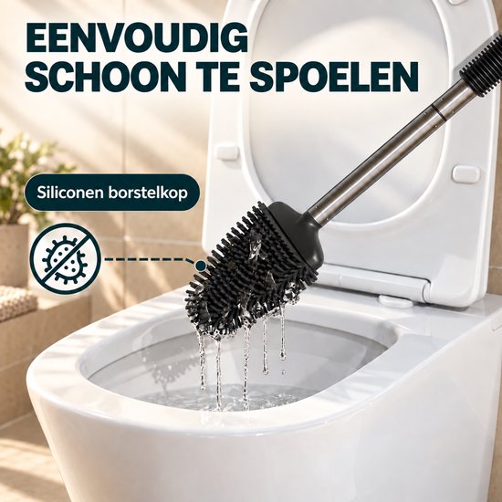 Zwarte siliconen toiletborstel wordt afgespoeld boven een toilet. Tekst: EENVOUDIG SCHOON TE SPOELEN, Siliconen borstelkop.