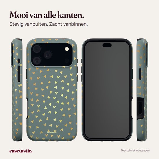 Voor- en achterkant van een saliegroen hoesje met gouden hartjes en zwarte beschermende binnenkant.