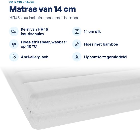Matras van 14 cm met HR45 koudschuim, wasbare bamboe hoes en anti-allergene eigenschappen.