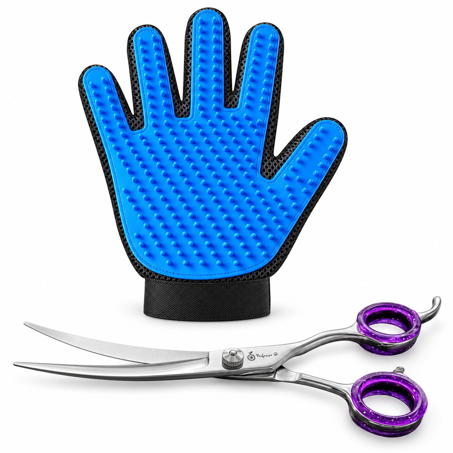 Professor Q Hondentrimset - Omhoog Gebogen Trimschaar 7,5 inch Paars - Vachthandschoen Blauw - 2-delig