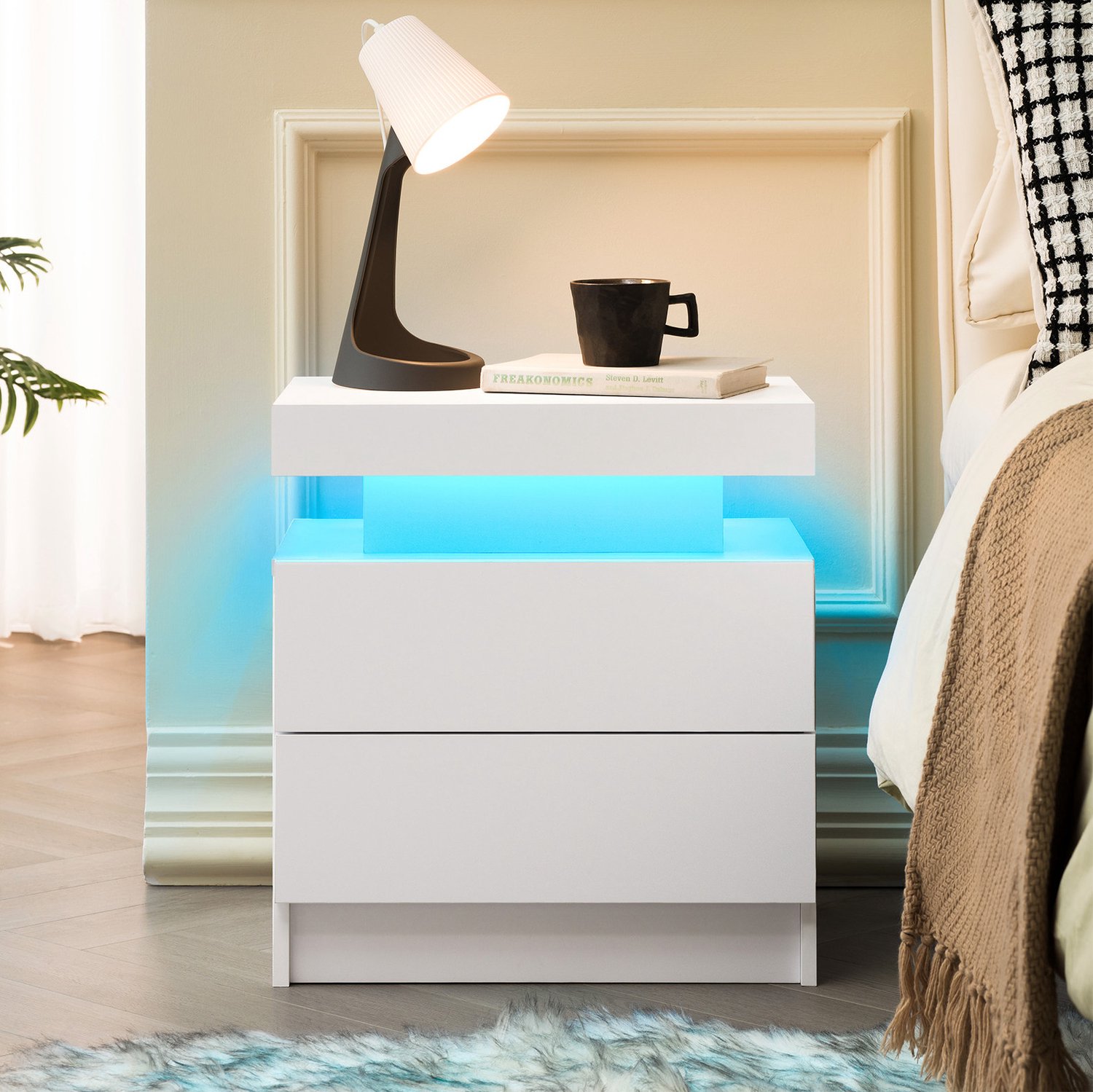 CHICFURN Nachtkastje 49 cm - LED-verlichting - 2 lades - slaapkamer en woonkamer - hout - wit