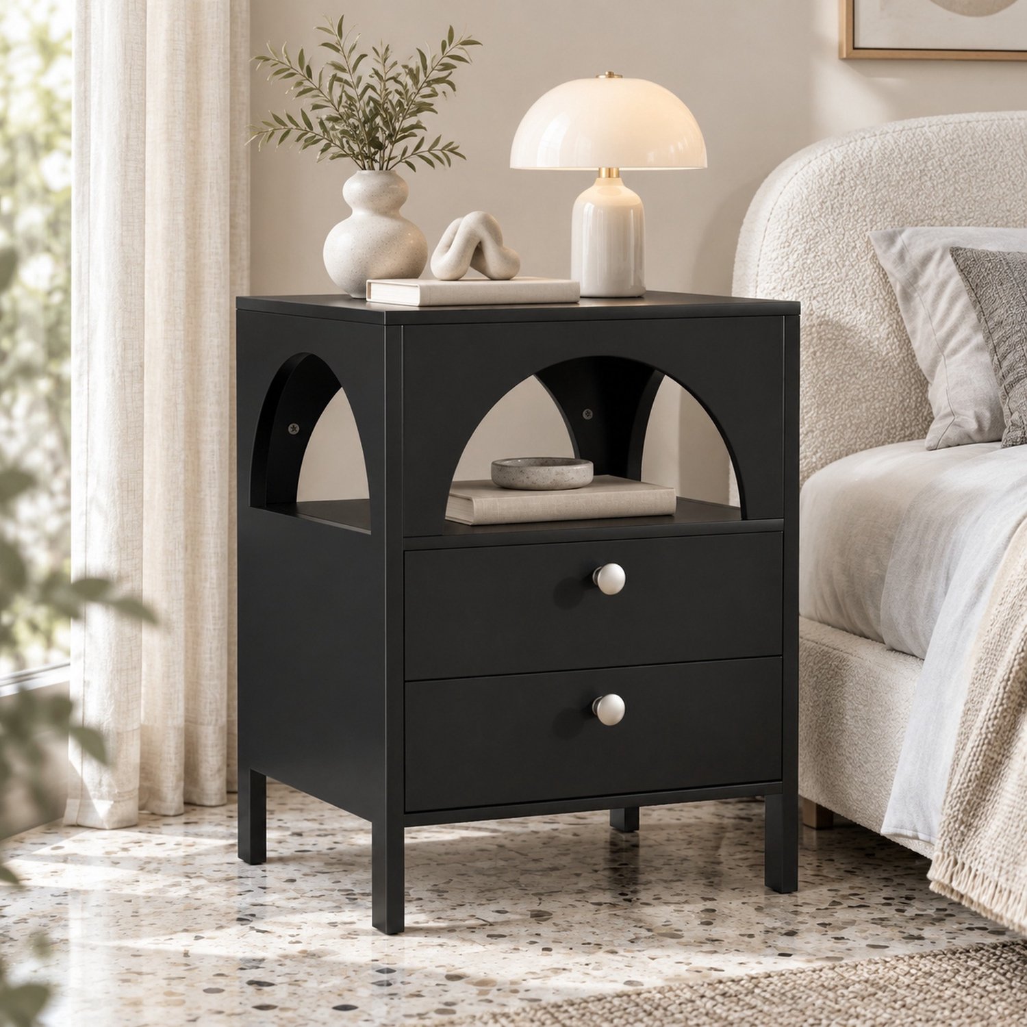 CHICFURN Nachtkastje - 2 lades - Open vak - 4 poten - Zwart