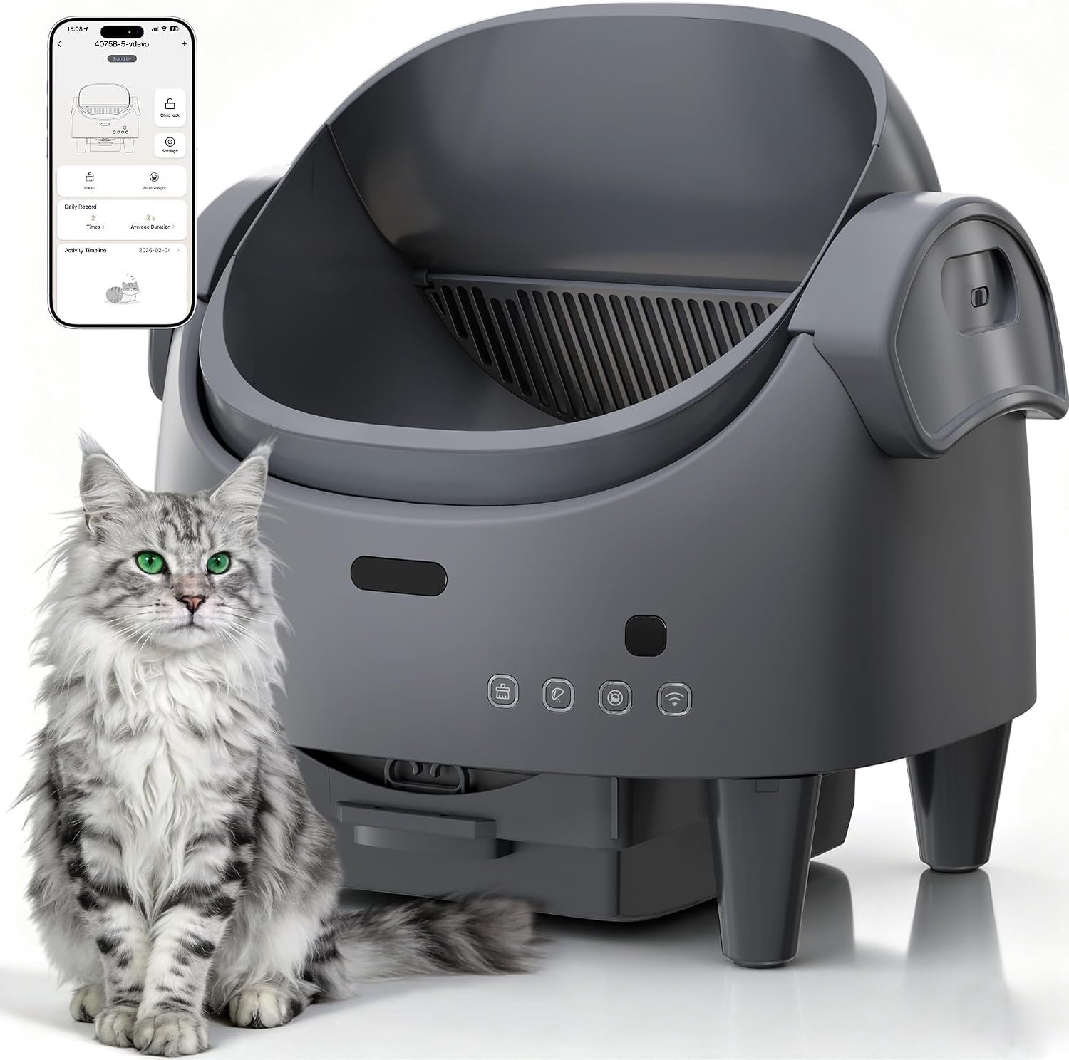 Automatische zelfreinigende kattenbak open model - App‑bediening - 3 standen hoogteverstelling - Geurarm - Stille werking - Geschikt voor meerdere katten - Grijs