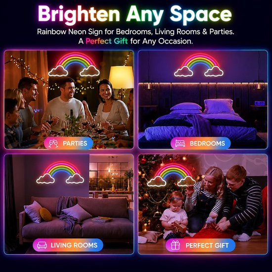 Regenboog Neon Lamp voor de kinderkamer, LED Neon Wandlamp USB met schakelaar, kleurrijk nachtlampje voor meisjeskamer, babykamer en slaapkamer, wanddecoratie 40 x 20,5 cm [Energieklasse A] — afbeelding 4