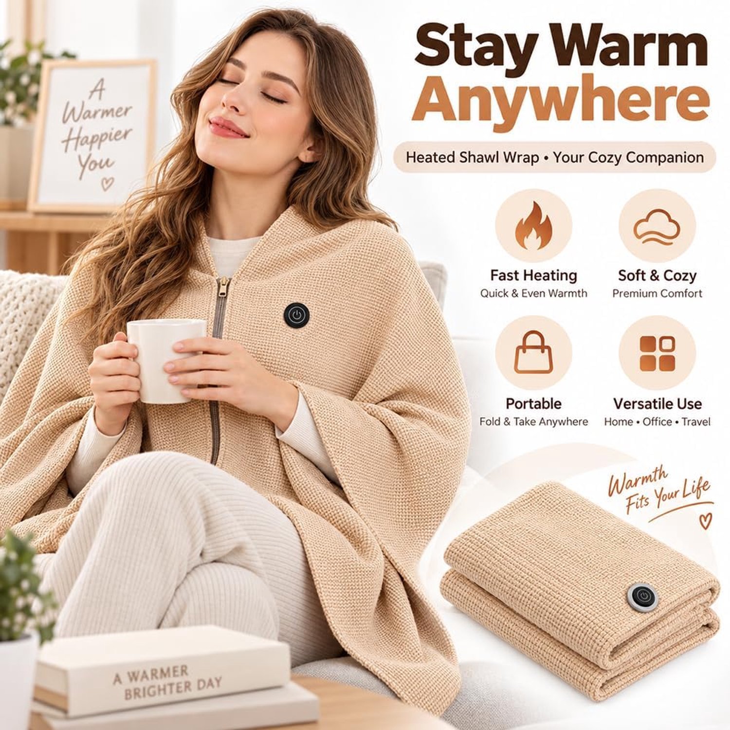Elektrische deken - Verwarmde Hoodie Deken - Verwarmbare omslagdoek/deken - Oplaadbare verwarmde deken - USB-oplaadbaar - Ritssluiting - Unisex - Geschikt voor gebruik thuis, buiten en op kantoor - Beige - 150x80cm – foto 4