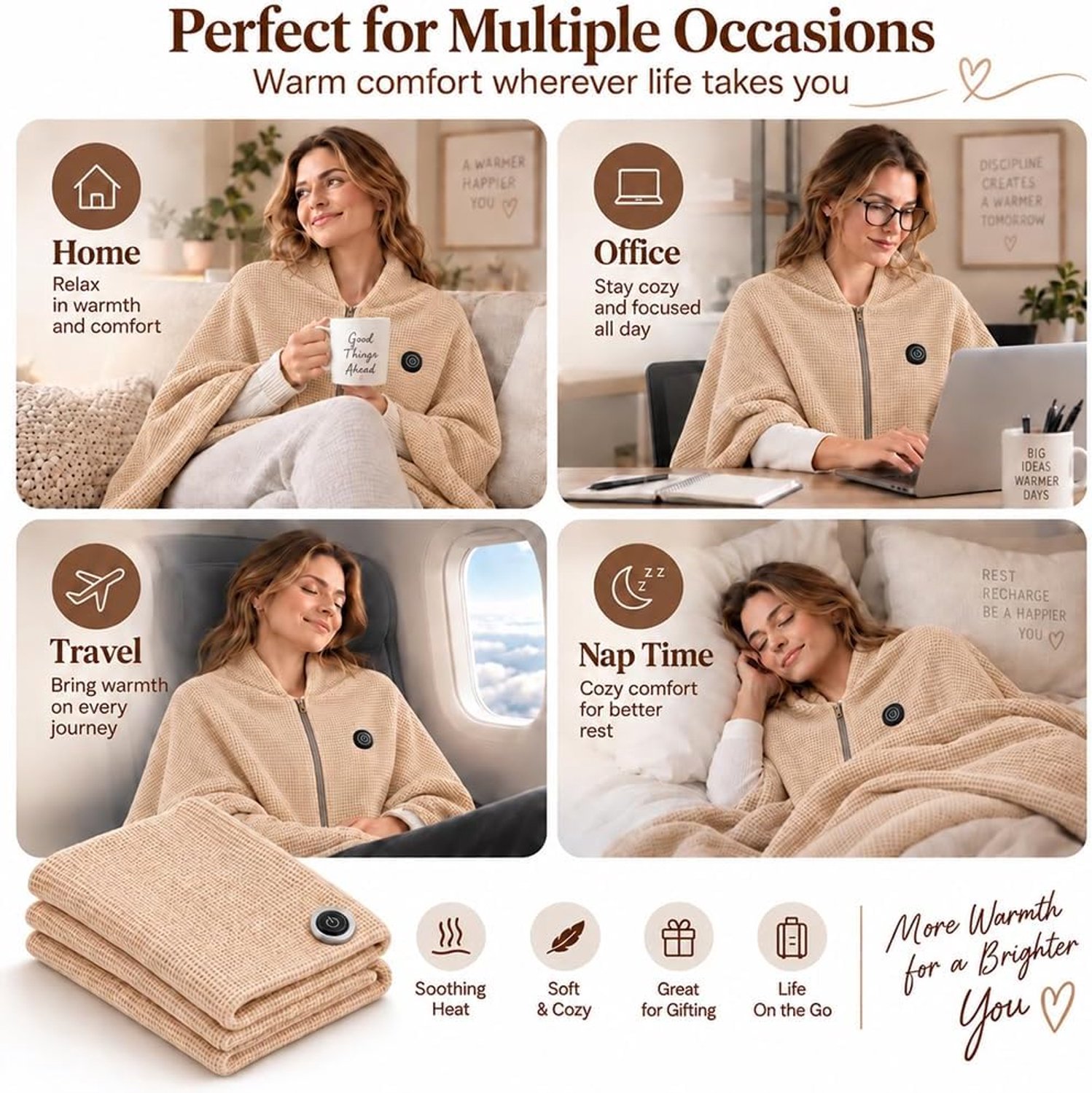 Elektrische deken - Verwarmde Hoodie Deken - Verwarmbare omslagdoek/deken - Oplaadbare verwarmde deken - USB-oplaadbaar - Ritssluiting - Unisex - Geschikt voor gebruik thuis, buiten en op kantoor - Beige - 150x80cm – foto 7
