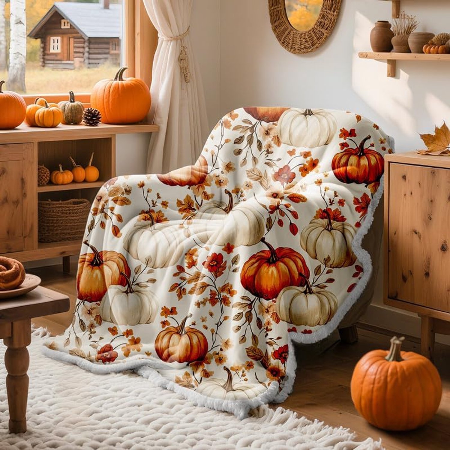 KZQ Oranje Herfstdeken 130x150 Cm - Warme Fleece En Sherpa Plaid, Dubbelzijdig En Zacht, Met Pompoenmotief Voor Halloween En Herfst, Voor Bank, Bed En Slaapkamer