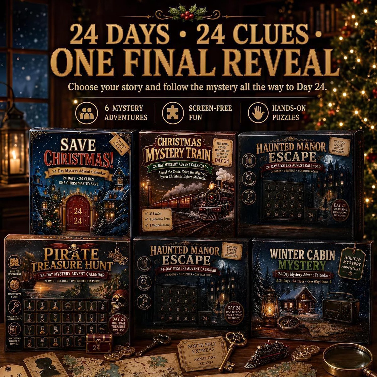 Adventskalender 2026 met Puzzels - 24 Dagen Mystery Adventure - Escape Room Spel voor Thuis - 6 Mysterieverhalen - Interactieve Kerst Countdown - Dagelijkse Raadsels & Verborgen Aanwijzingen - Voor Tieners, Volwassenen & Gezin - Winter Cabin – foto 5
