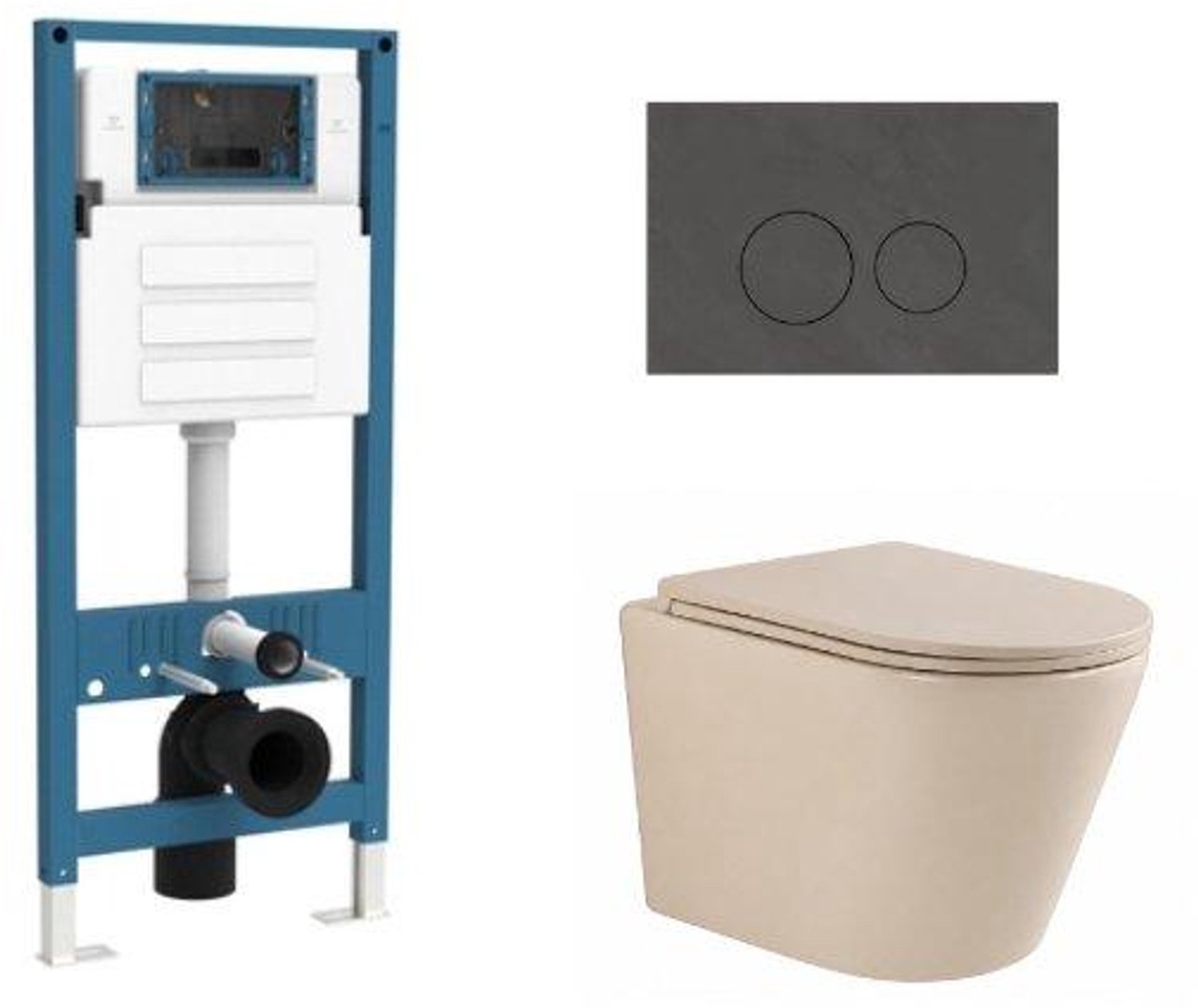 QeramiQ Dely Toiletset - inbouwreservoir Qeramiq Flush - slim zitting - natuursteen donker marmeren bedieningsplaat - ronde knoppen - beige