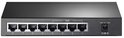 Achterkant van de TP-Link TL-SG1008P switch met acht PoE-netwerkpoorten en een stroomaansluiting.