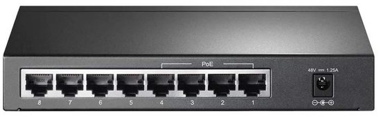 Achterkant van de TP-Link TL-SG1008P switch met acht PoE-netwerkpoorten en een stroomaansluiting.