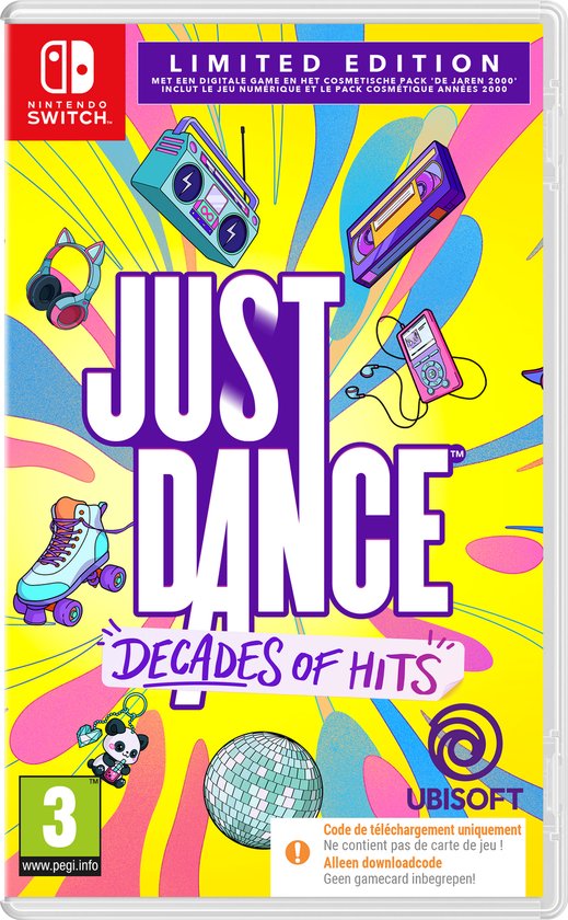 Just Dance Decades of Hits Limited Edition hoes voor Nintendo Switch met 2000-stijl illustraties en downloadcode.