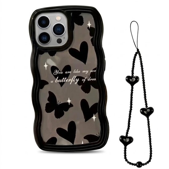 Golvend zwart telefoonhoesje met patroon van hartjes en vlinders, tekst en bijpassend zwart kralenkoord.