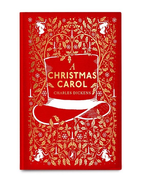 Rode boekcover 'A Christmas Carol' van Charles Dickens met gouden kerstmotieven, hulsttakken en een witte hoge hoed.