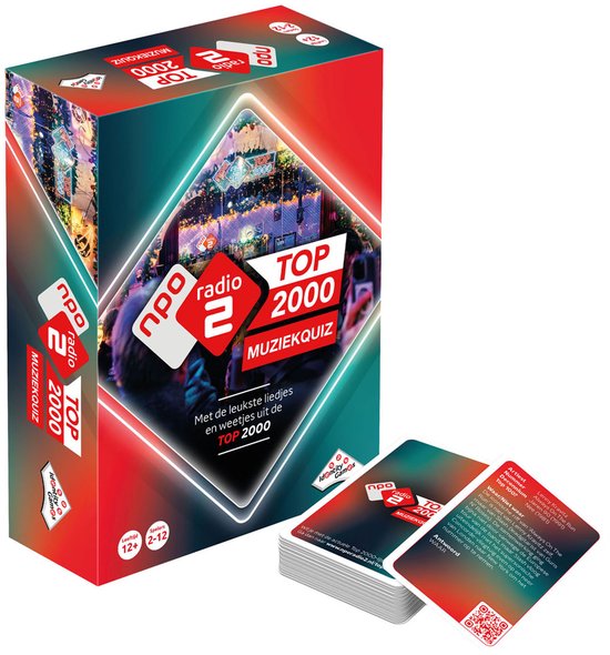 Speldoos en een stapel quizkaarten van de NPO Radio 2 Top 2000 Muziekquiz in rood en groen.