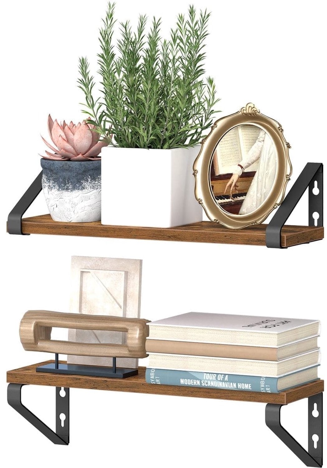 Klarven Wandplank Vintagebruin-Matzwart - Wandplank Zwevend - Wandplank Zwart - Wandplank Keuken - Floating Shelf - Set van 2 - Metalen Frame, Max. 10 kg - 40x12,7x11,2cm Bruin/Zwart
