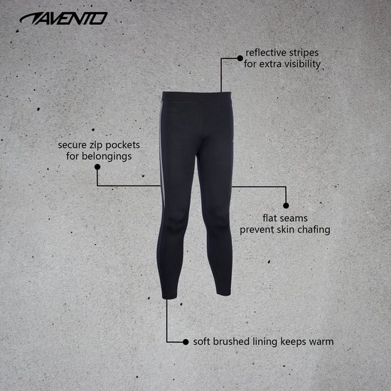 Zwarte Avento hardloopbroek met reflecterende strepen, ritszakken, platte naden en warme voering.