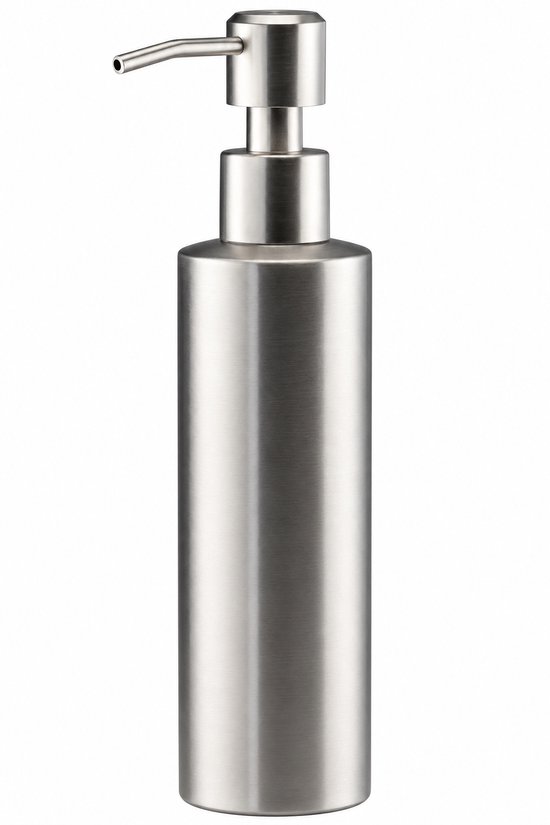Stijlvolle, cilindrische zeepdispenser van geborsteld RVS met een slanke pomp.