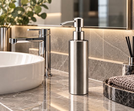 Moderne geborsteld RVS zeepdispenser op een wastafel naast een witte waskom in een luxe badkamer.