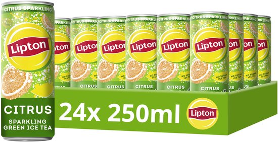 Voordeelverpakking met 24 blikjes Lipton Citrus Sparkling Green Ice Tea van 250 ml, suikervrij.